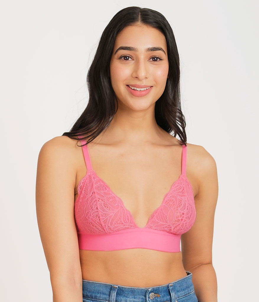 Long Lined Unlined Lace Bralette, Hibiscus Pink