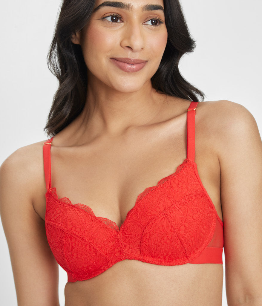 Push-Up Lycra Cotton Women Full Coverage Non Padded Lace Red Bra